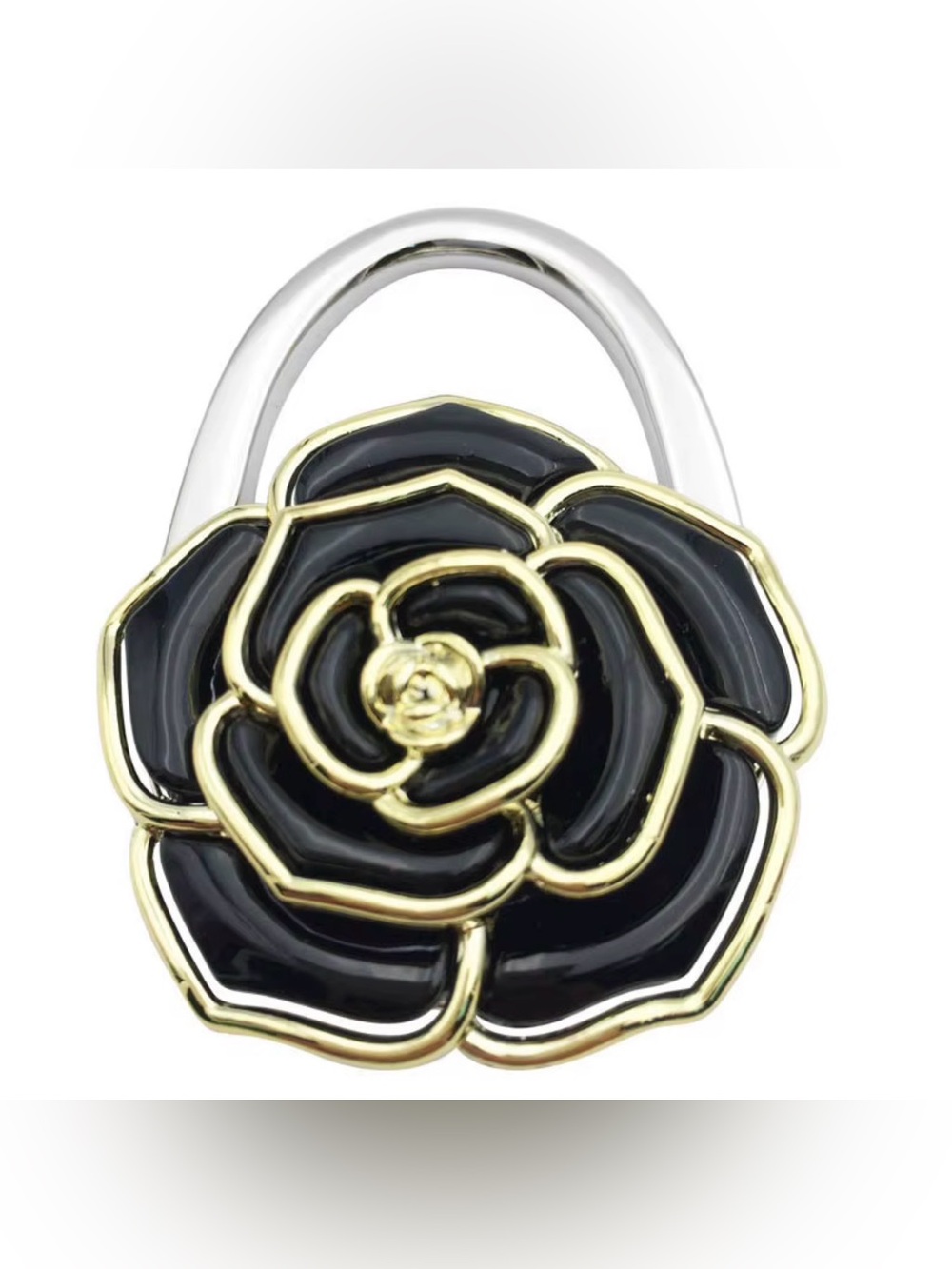 Foldable Black Rose Enamel Bag Hanger & Charm with Gold Trim (Firm Price)